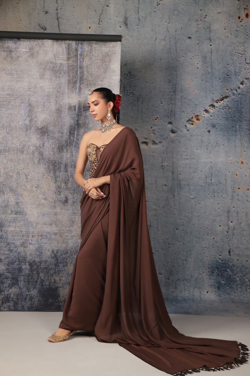 Zar-Rang Brown Corset Saree Set bemberg satin sarees by Niti Bothra in brown for women Worldwide