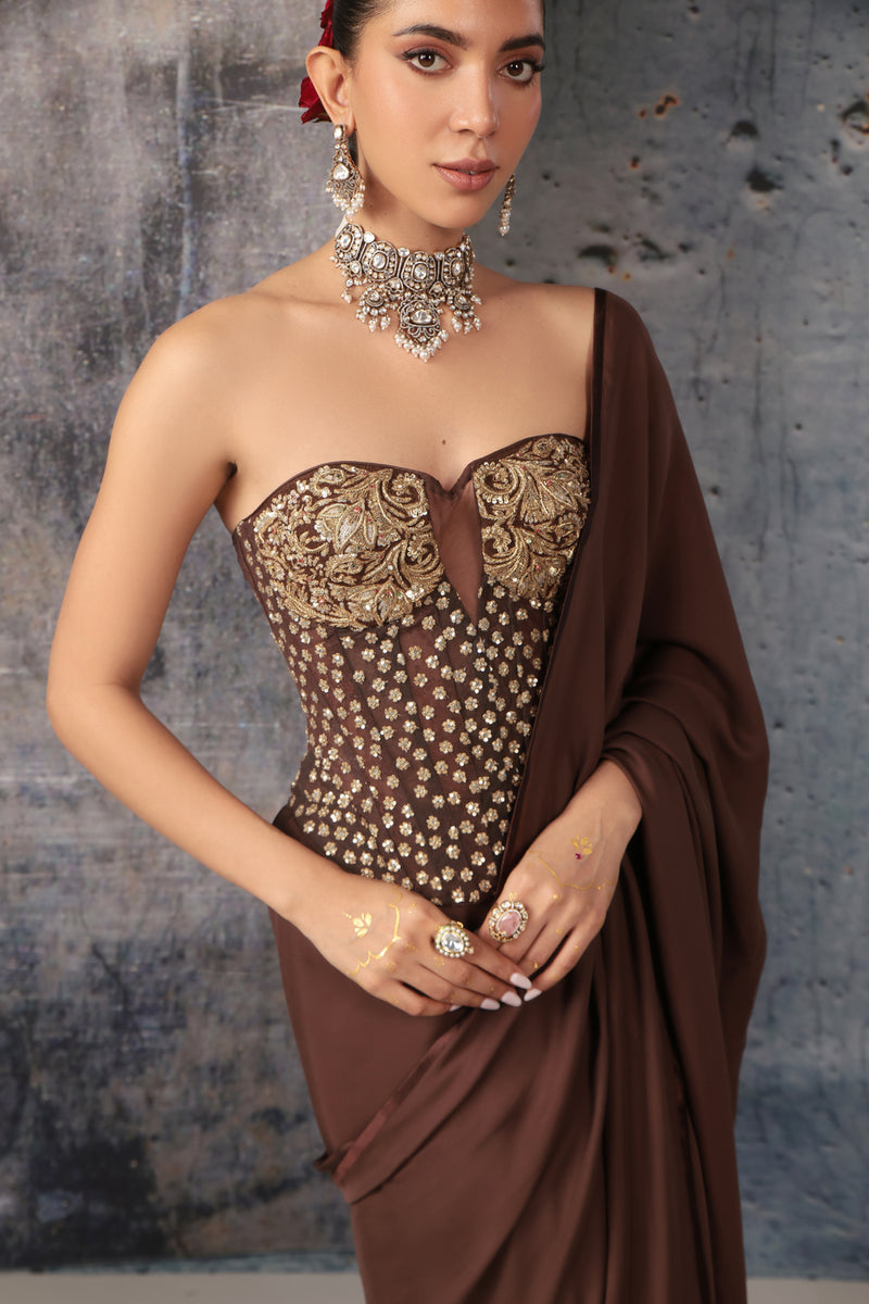 Zar-Rang Brown Corset Saree Set bemberg satin sarees by Niti Bothra in brown for women Worldwide