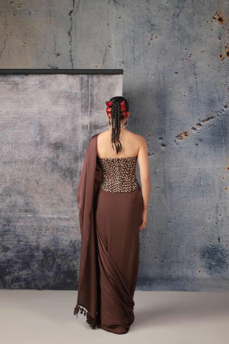 Zar-Rang Brown Corset Saree Set bemberg satin sarees by Niti Bothra in brown for women Worldwide