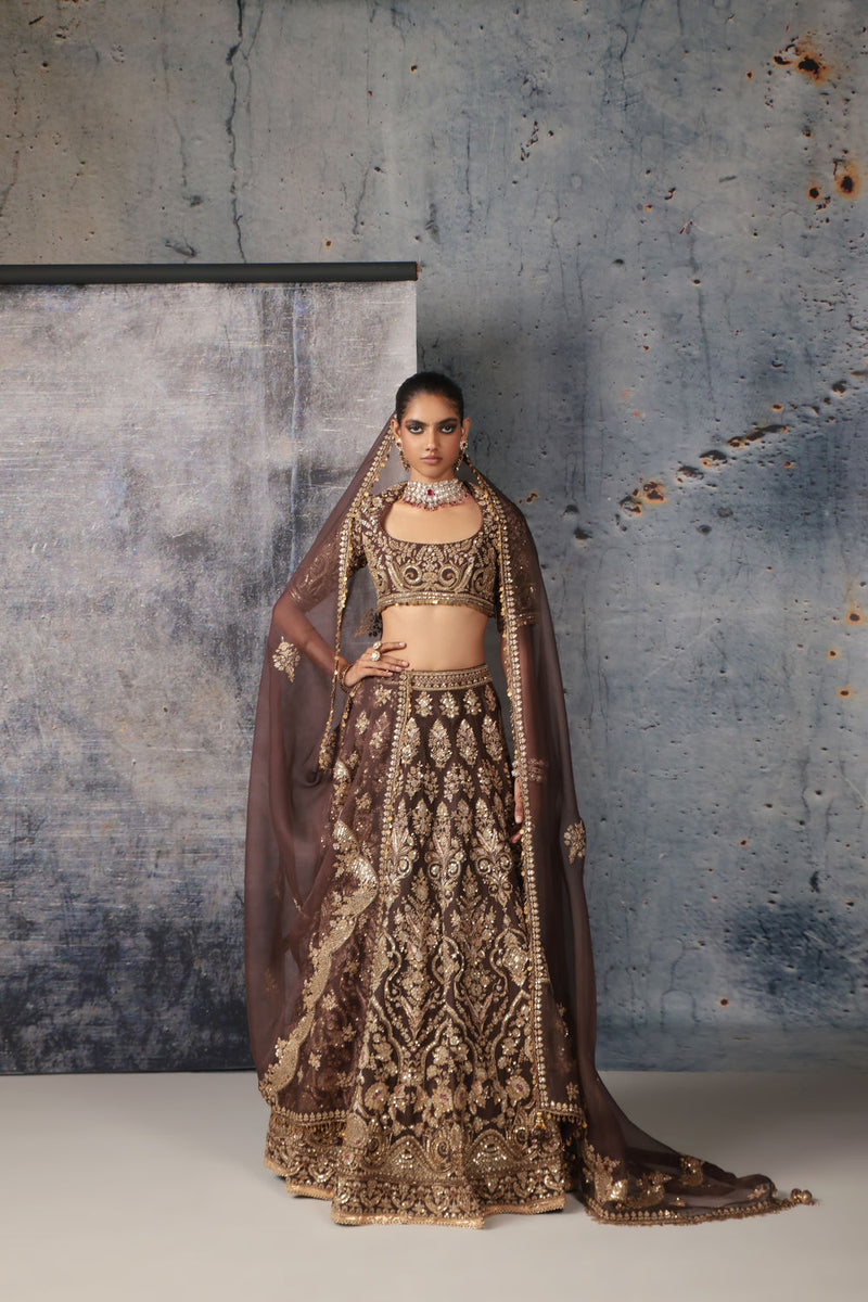 Zar-Rang Brown Jaal Lehenga Set