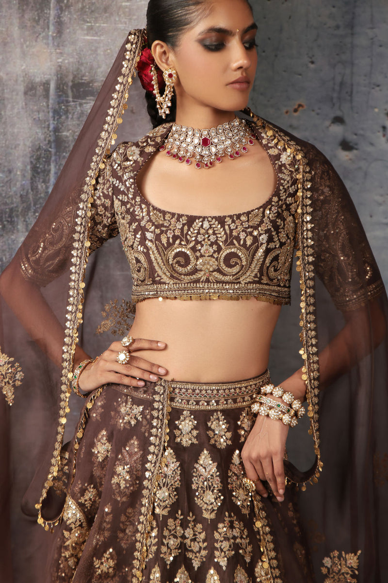 Zar-Rang Brown Jaal Lehenga Set