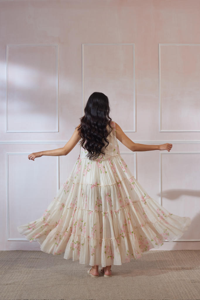 Bougainvillea Maxi Dress silk by Nadiya Paar in white color for women Worldwide