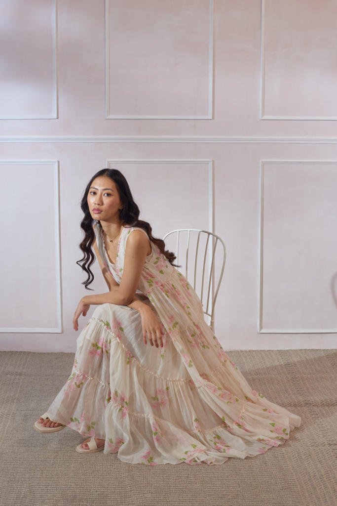 Bougainvillea Maxi Dress silk by Nadiya Paar in white color for women Worldwide