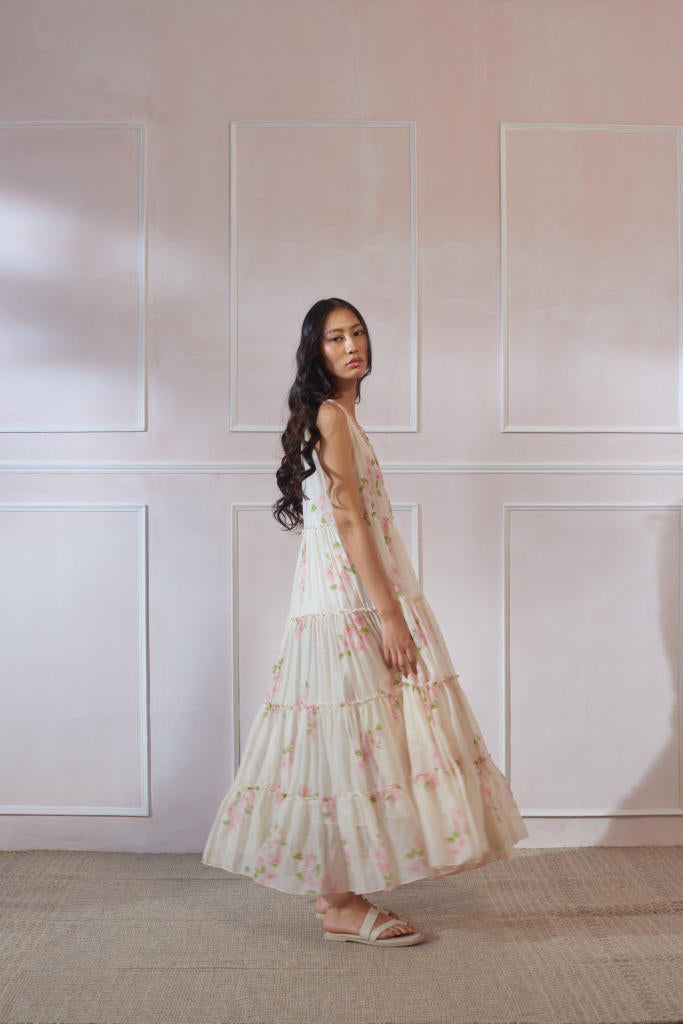 Bougainvillea Maxi Dress silk by Nadiya Paar in white color for women Worldwide