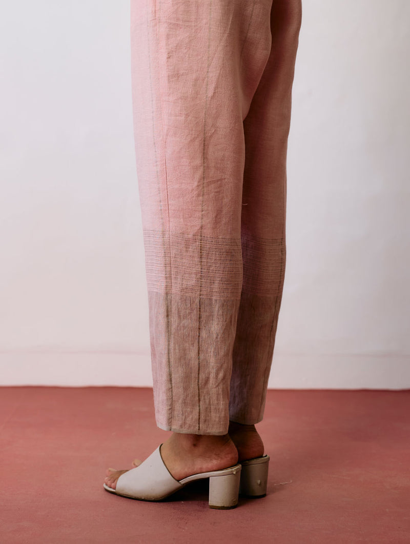 Nila Tapered Metallic Linen Pants-Pink linen pant/trousers by Manan in pink for women Worldwide