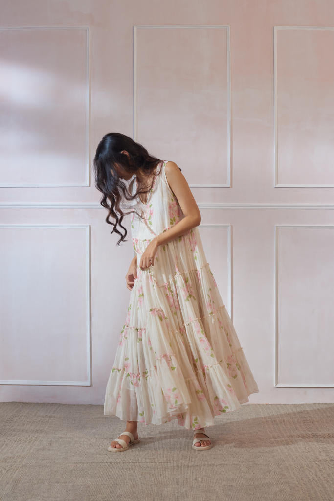 Bougainvillea Maxi Dress silk by Nadiya Paar in white color for women Worldwide