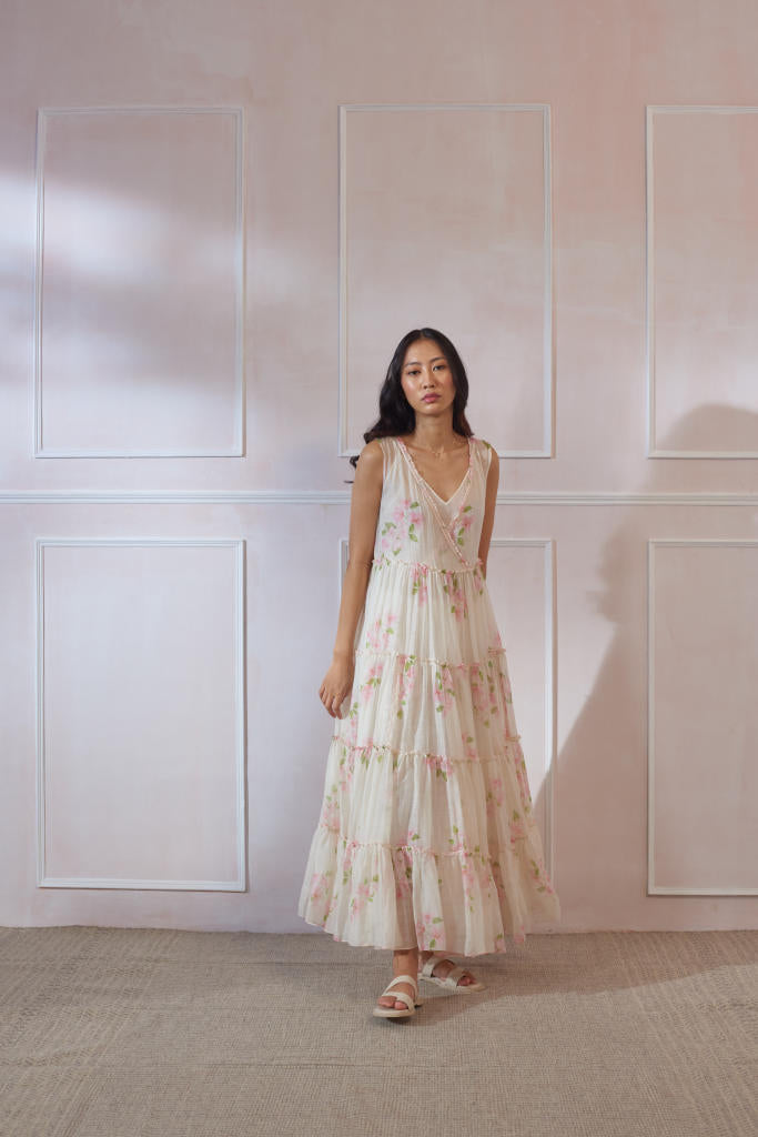 Bougainvillea Maxi Dress silk by Nadiya Paar in white color for women Worldwide