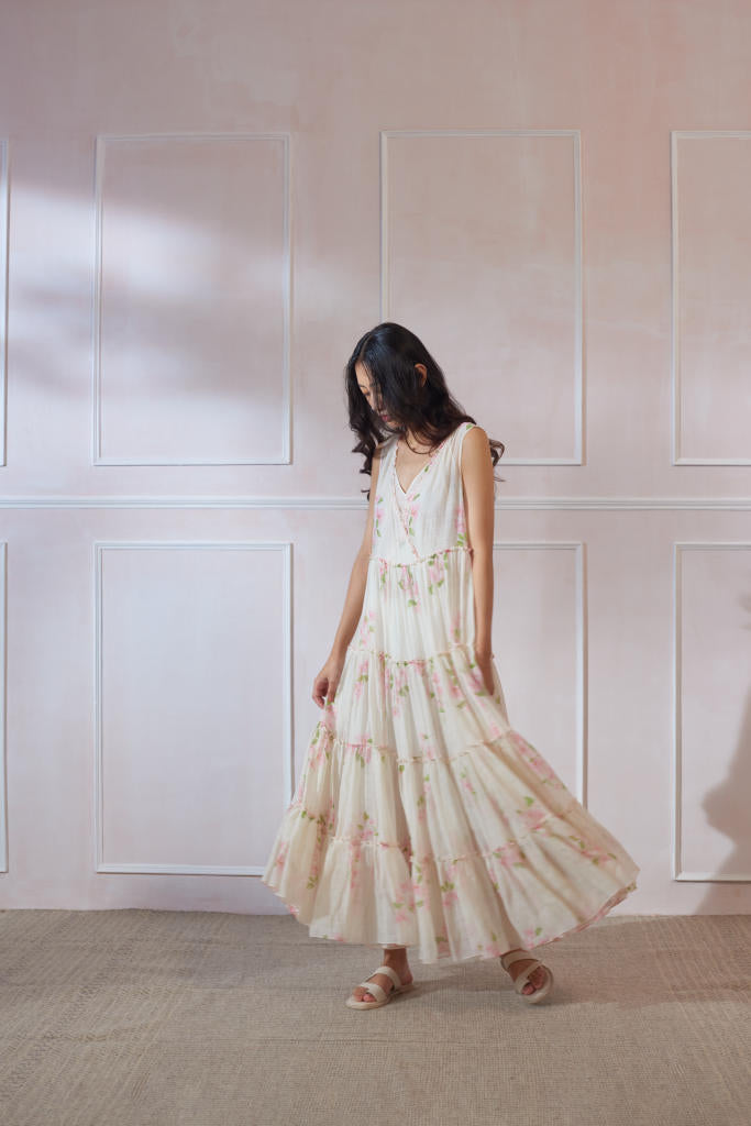 Bougainvillea Maxi Dress silk by Nadiya Paar in white color for women Worldwide