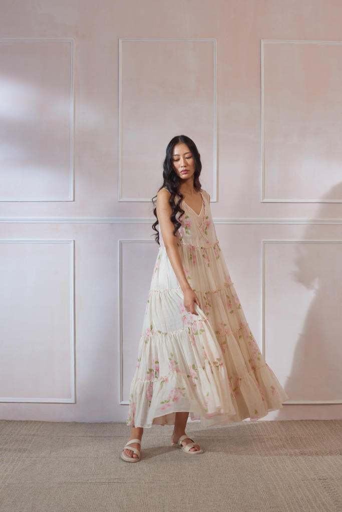 Bougainvillea Maxi Dress silk by Nadiya Paar in white color for women Worldwide