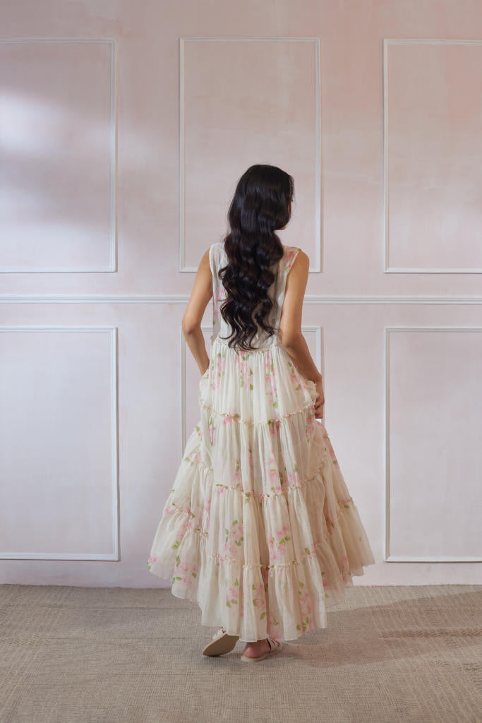 Bougainvillea Maxi Dress silk by Nadiya Paar in white color for women Worldwide