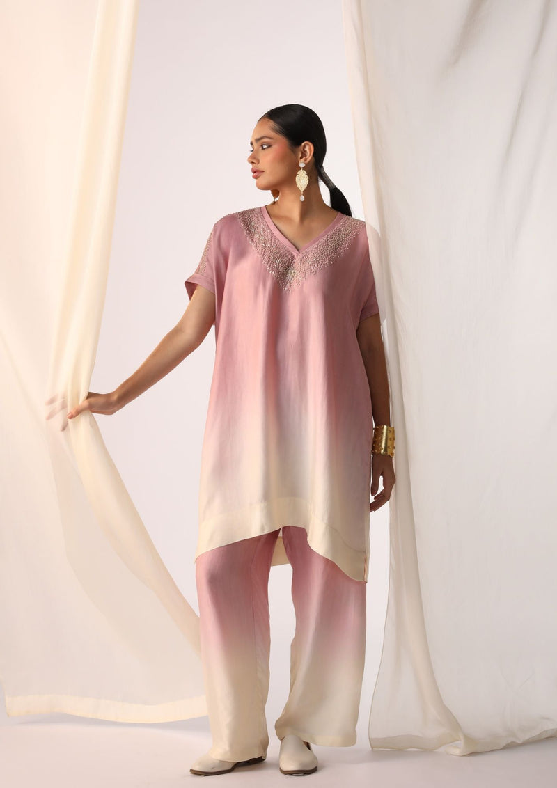 Linen satin ombre co-ord set with handwork embroidery satin by Myoho in pink color for women Worldwide