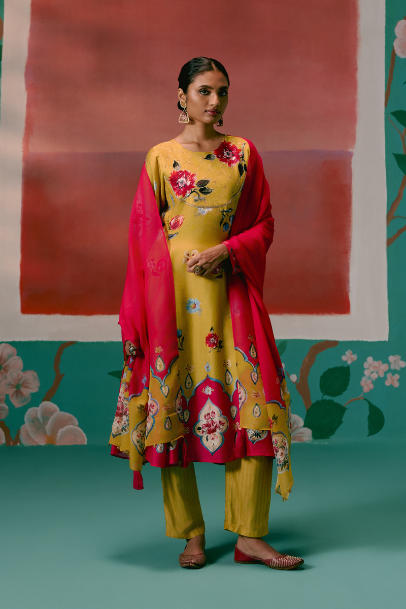 Mustard & Pink Floral Anarkali Set by Label Mogra in pink color for women Worldwide