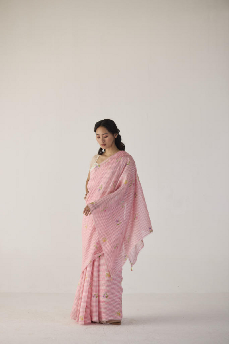 Serene Meadow Mulberry Organza Silk Sari-Pink checks organza by Nadiya Paar in pink color for women Worldwide