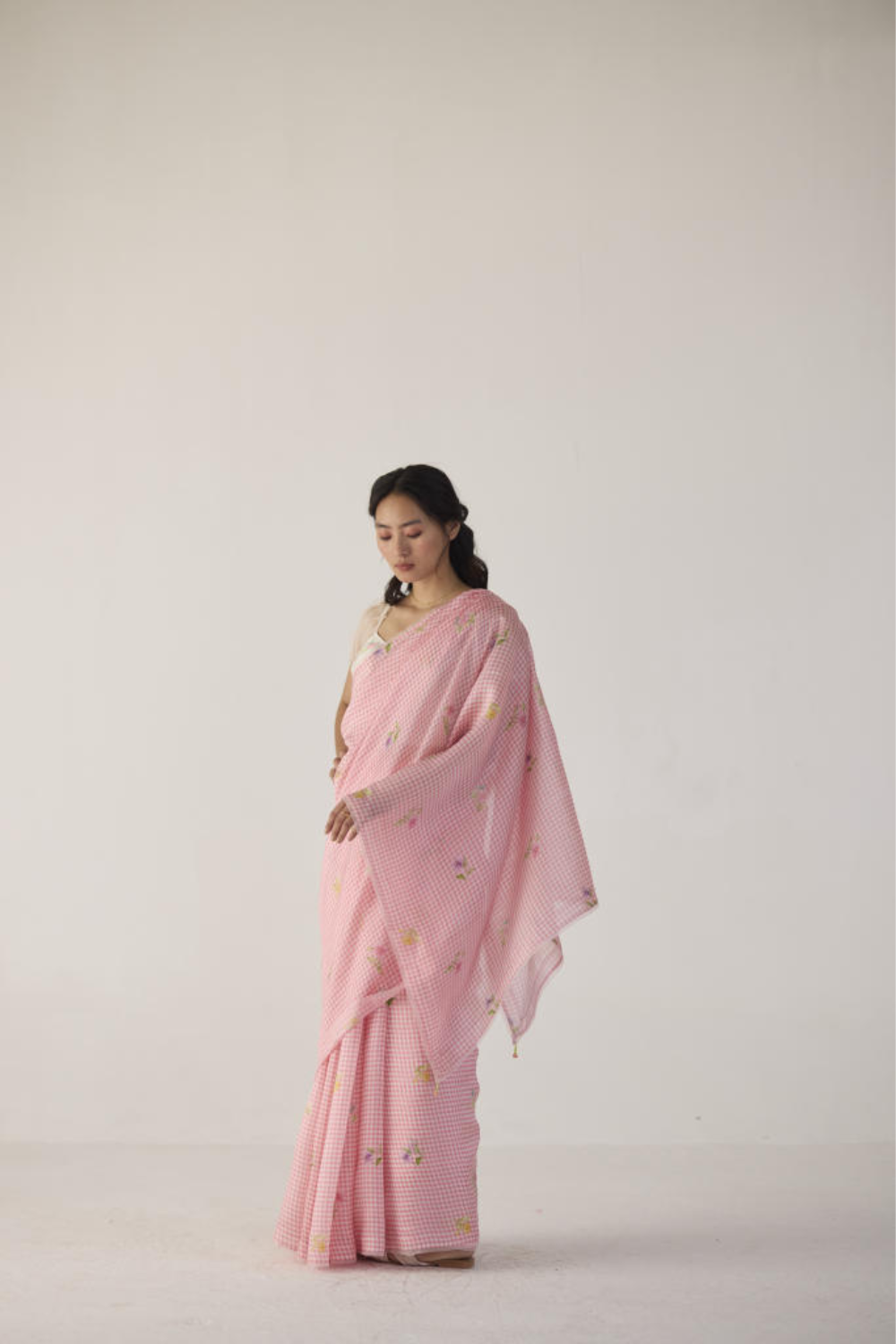 Serene Meadow Mulberry Organza Silk Sari-Pink checks