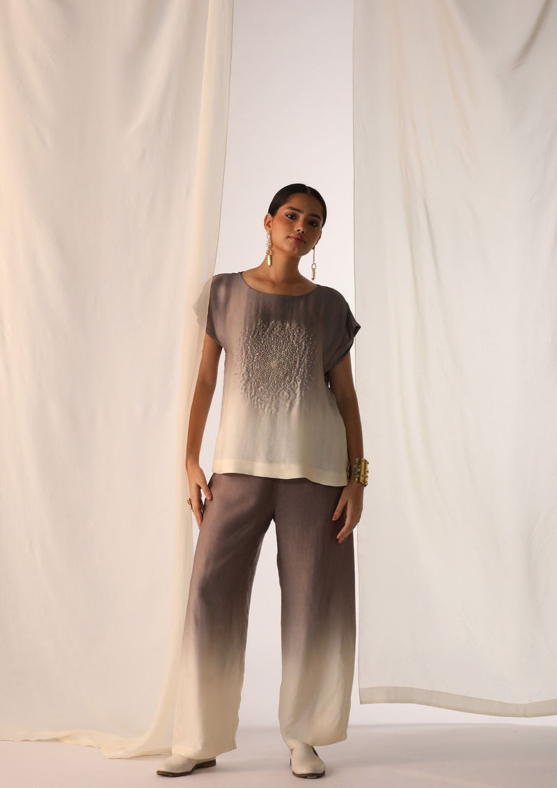 Linen satin ombre co-ord set with scatter hand work satin by Myoho in grey color for women Worldwide