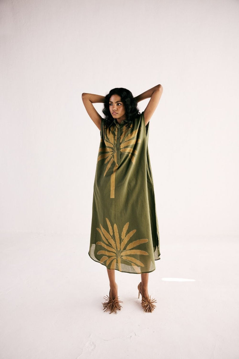 OLIVE PALM SHIRT DRESS cotton by Khara Kapas in green for women Worldwide