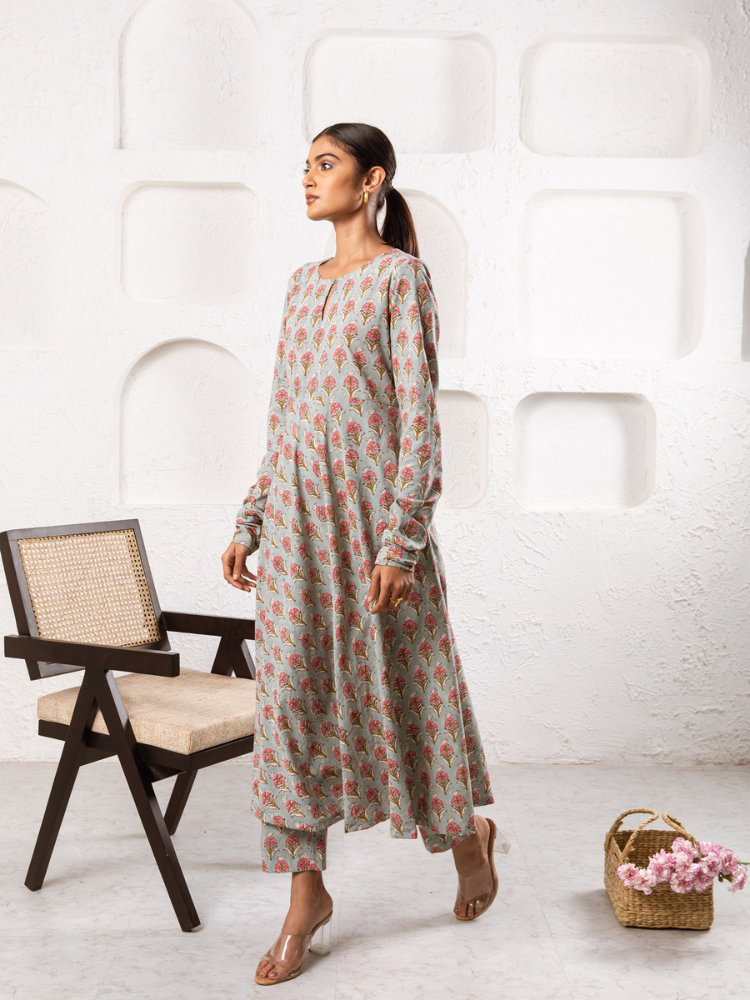 Grey Pansy Kurta Set Kurta Sets by Marche for women Worldwide