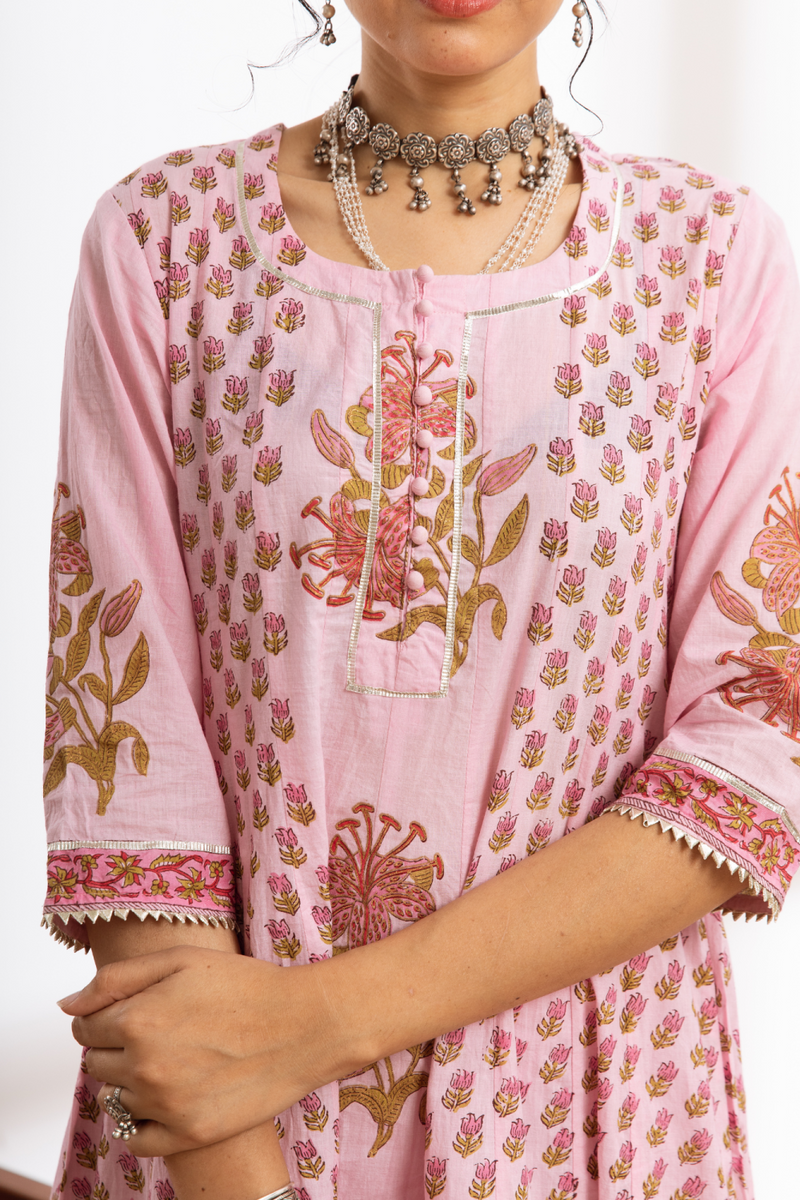 Rasika Gulabi Kalidar Set - pink hand block printed cotton kalidar set cotton by Maison Shefali in pink color for women Worldwide