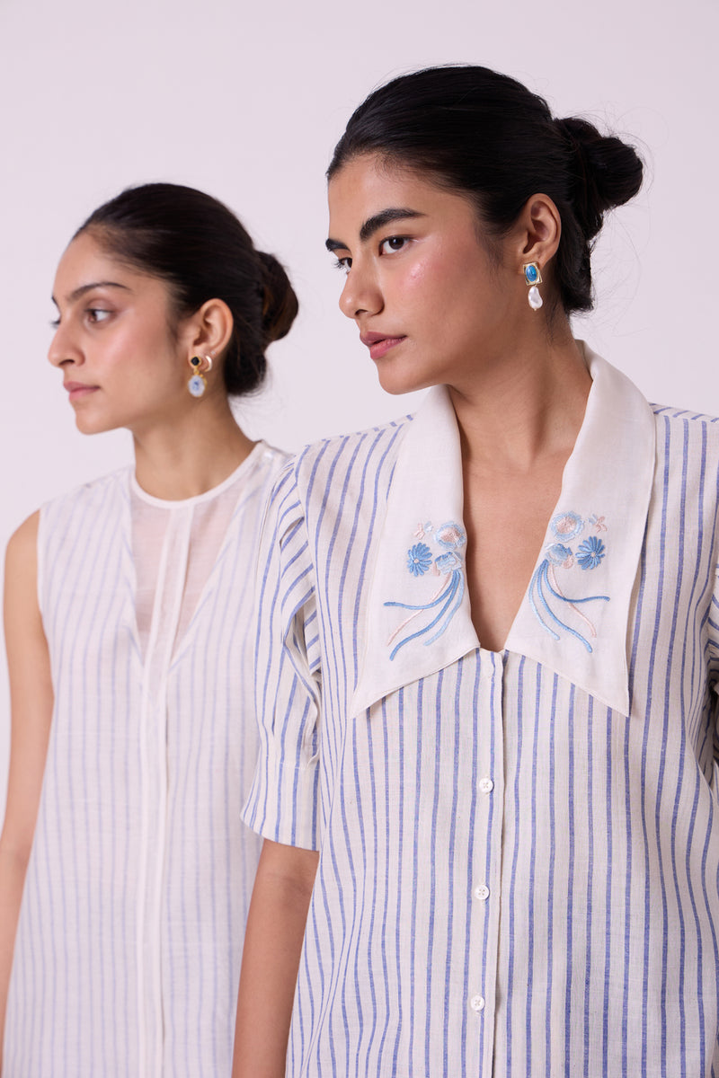 Kumo Striped Embroidered Handwoven Top handwoven cotton top/shirt by The Summer House in off white for women Worldwide