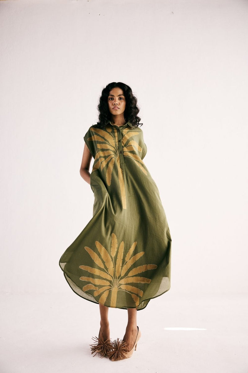 OLIVE PALM SHIRT DRESS cotton by Khara Kapas in green for women Worldwide