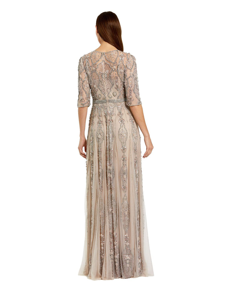 10115-Beige 3/4 Sleeve Embellished A-line Gown by Mac Duggal for women Worldwide