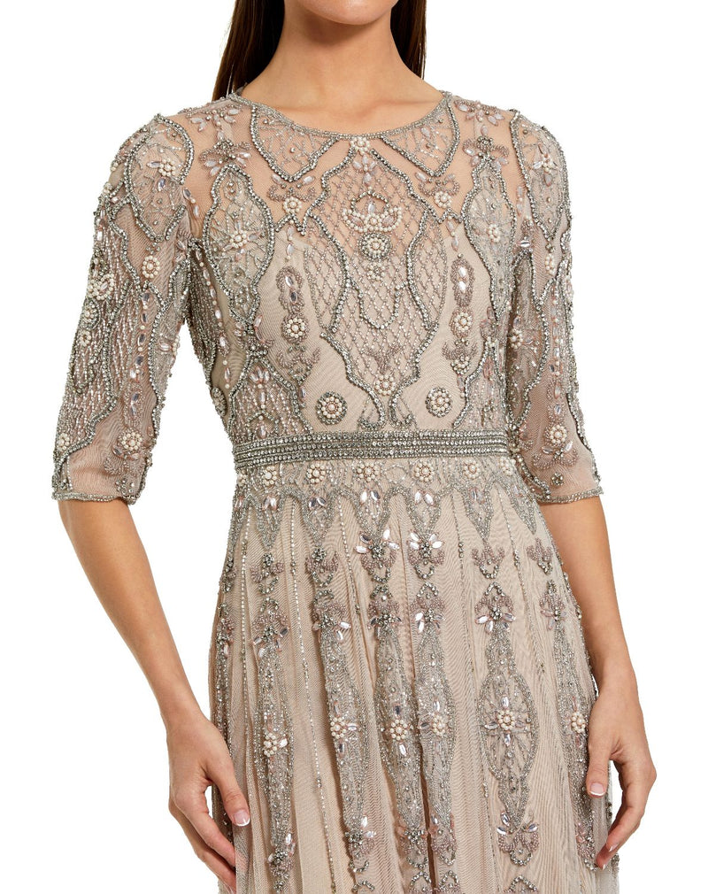 10115-Beige 3/4 Sleeve Embellished A-line Gown by Mac Duggal for women Worldwide