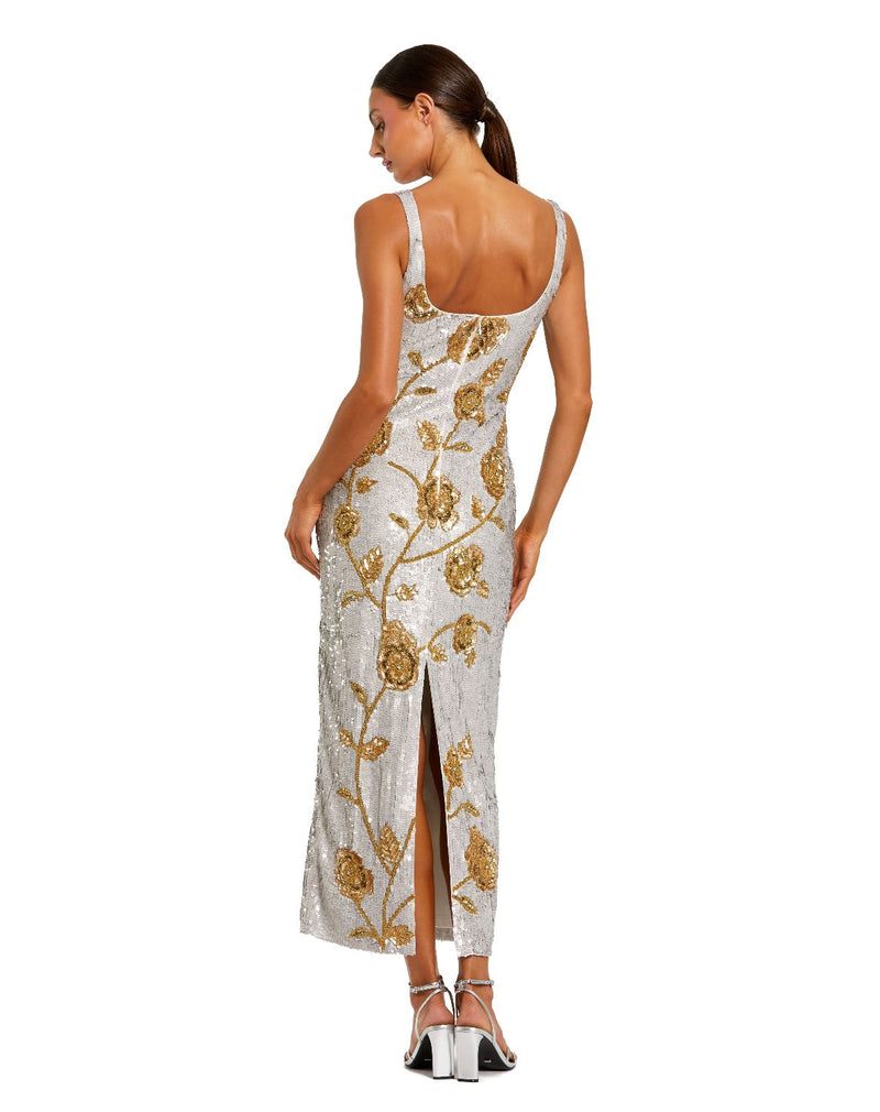 10119 - Silver Sleeveless Sequin Dress With Gold Floral Detail by Mac Duggal in silver color for women Worldwide