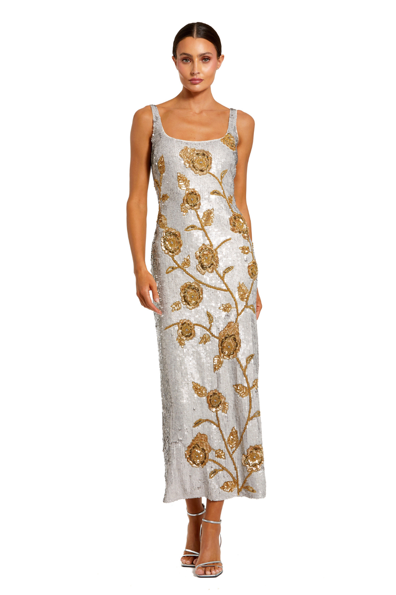 10119 - Silver Sleeveless Sequin Dress With Gold Floral Detail by Mac Duggal in silver color for women Worldwide