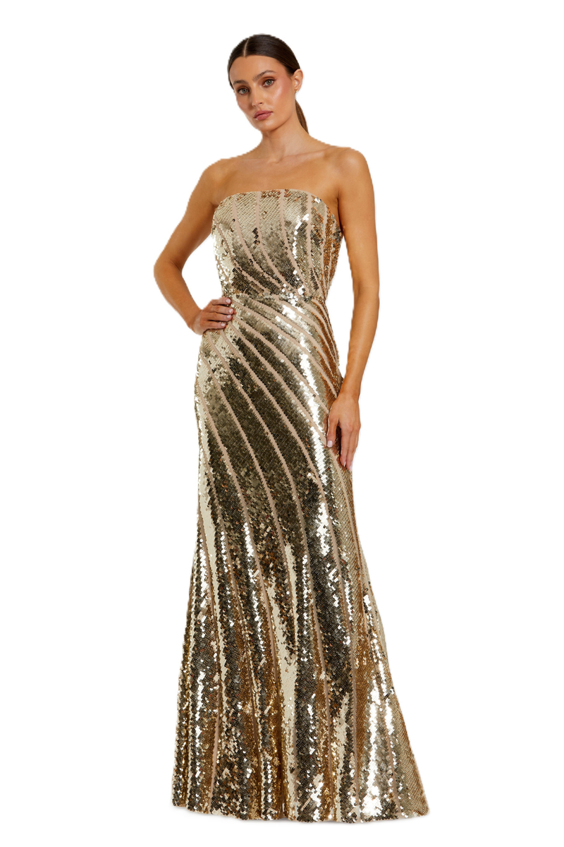 10130 - Gold Strapless Sequin Trumpet Gown by Mac Duggal in gold color for women Worldwide