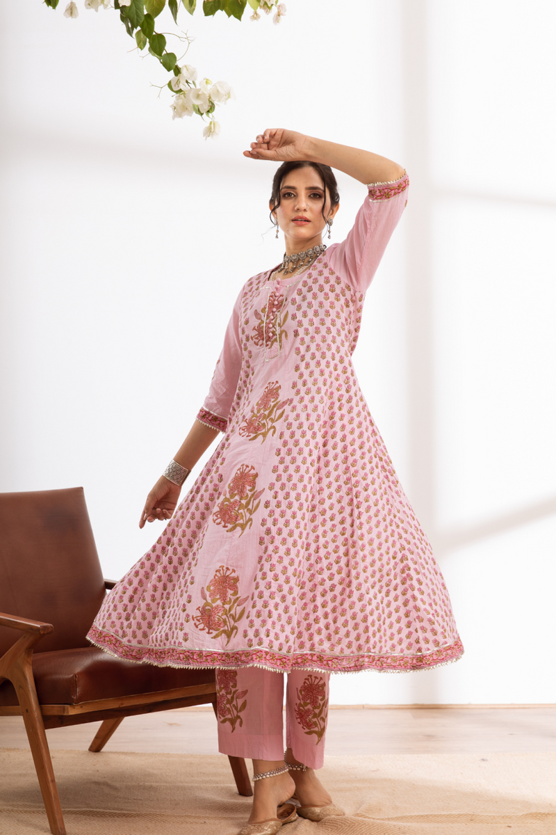 Rasika Gulabi Kalidar Set - pink hand block printed cotton kalidar set cotton by Maison Shefali in pink color for women Worldwide