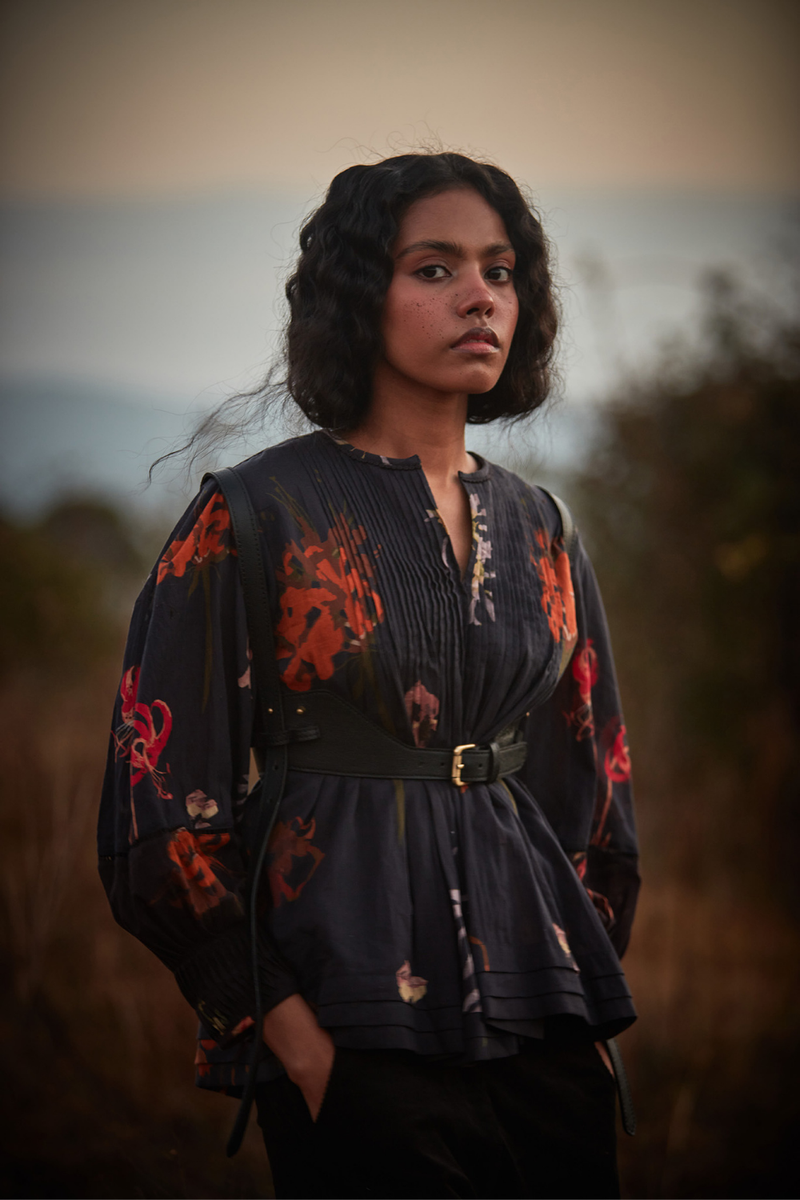Wildflower top cotton by Khara Kapas in grey for women Worldwide