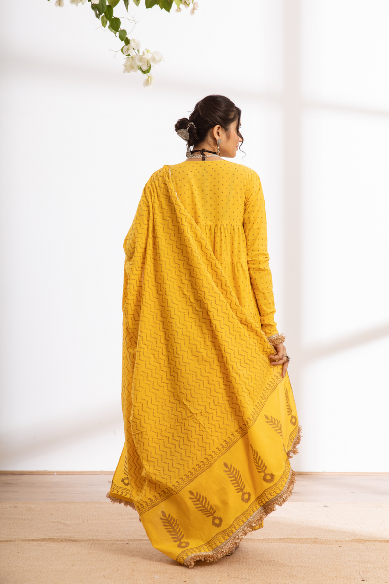 Kalindi Suit Set - yellow hand printed cotton kalidar suit set cotton by Maison Shefali in yellow color for women Worldwide