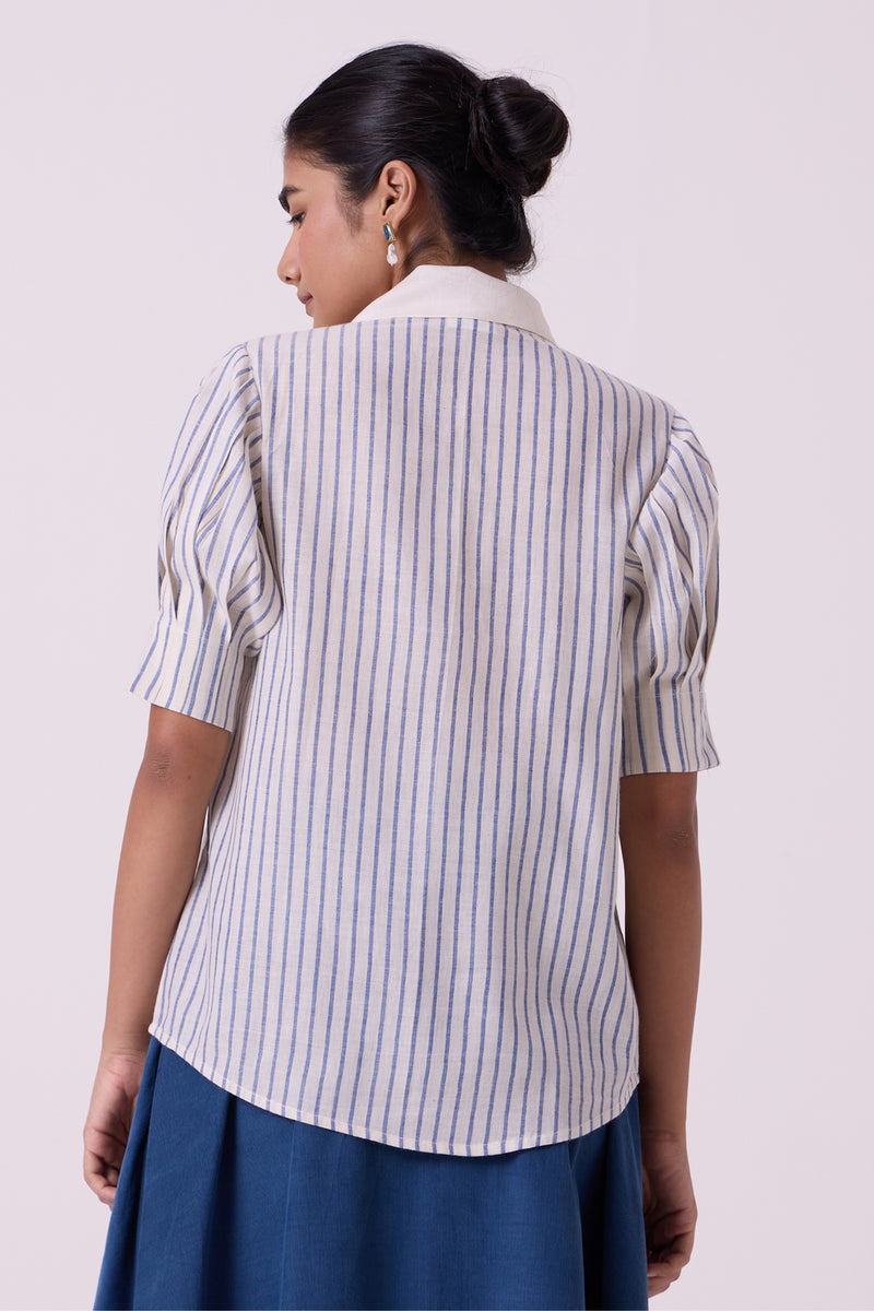 Kumo Striped Embroidered Handwoven Top handwoven cotton top/shirt by The Summer House in off white for women Worldwide