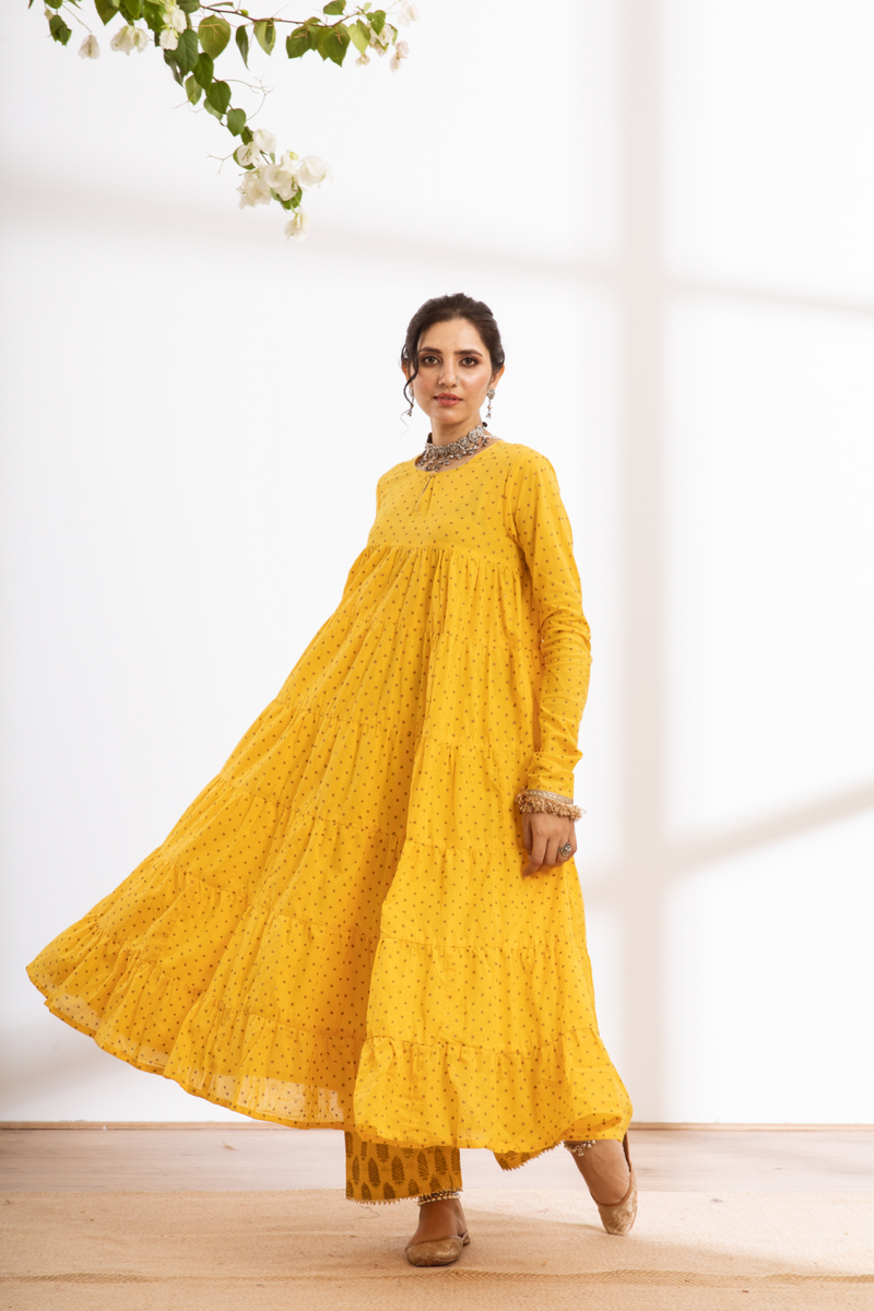 Kalindi Suit Set - yellow hand printed cotton kalidar suit set cotton by Maison Shefali in yellow color for women Worldwide