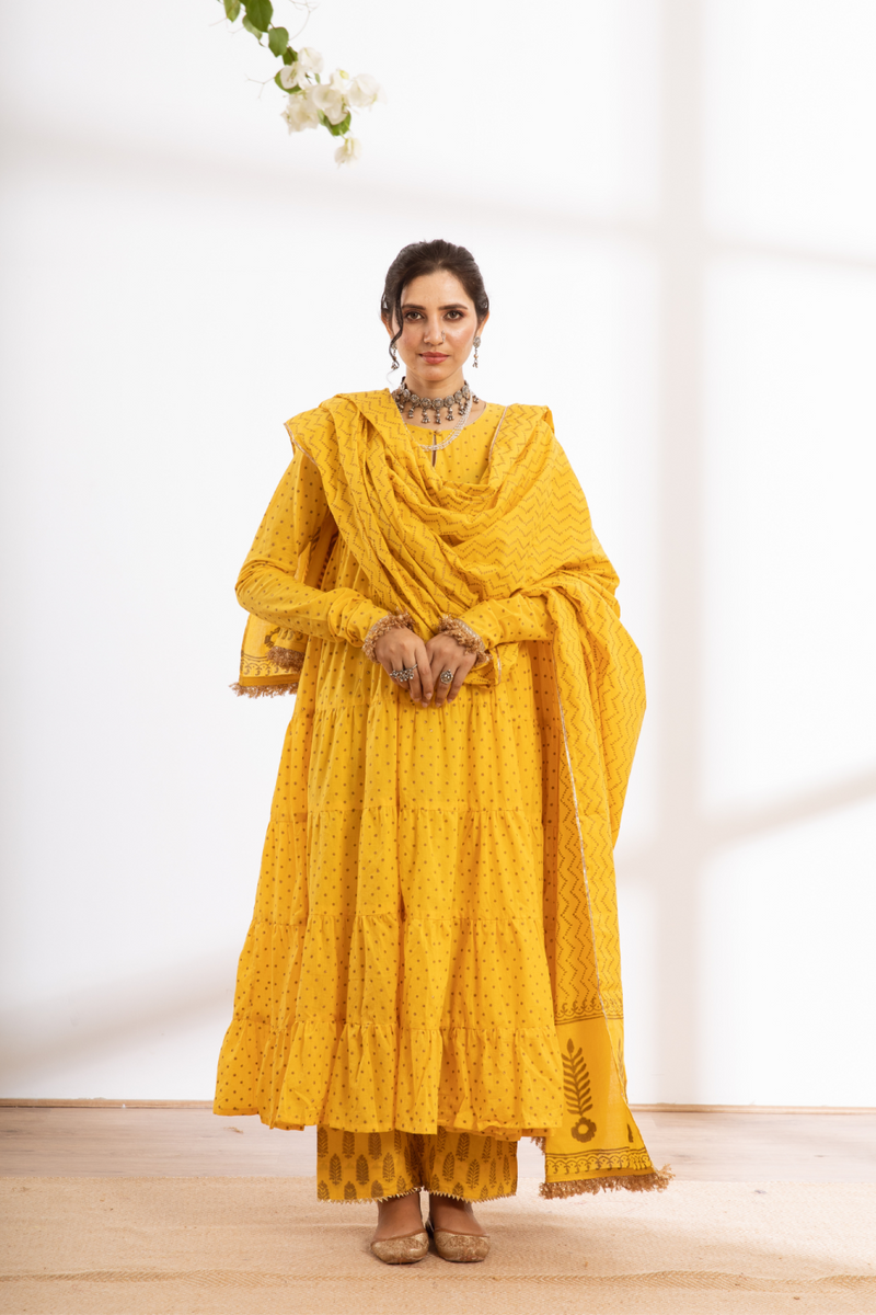 Kalindi Suit Set - yellow hand printed cotton kalidar suit set cotton by Maison Shefali in yellow color for women Worldwide