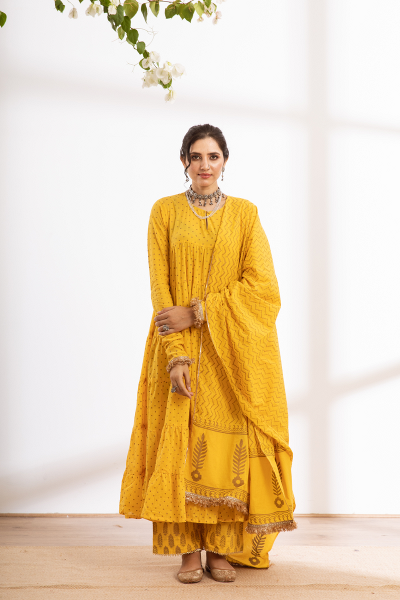 Kalindi Suit Set - yellow hand printed cotton kalidar suit set cotton by Maison Shefali in yellow color for women Worldwide