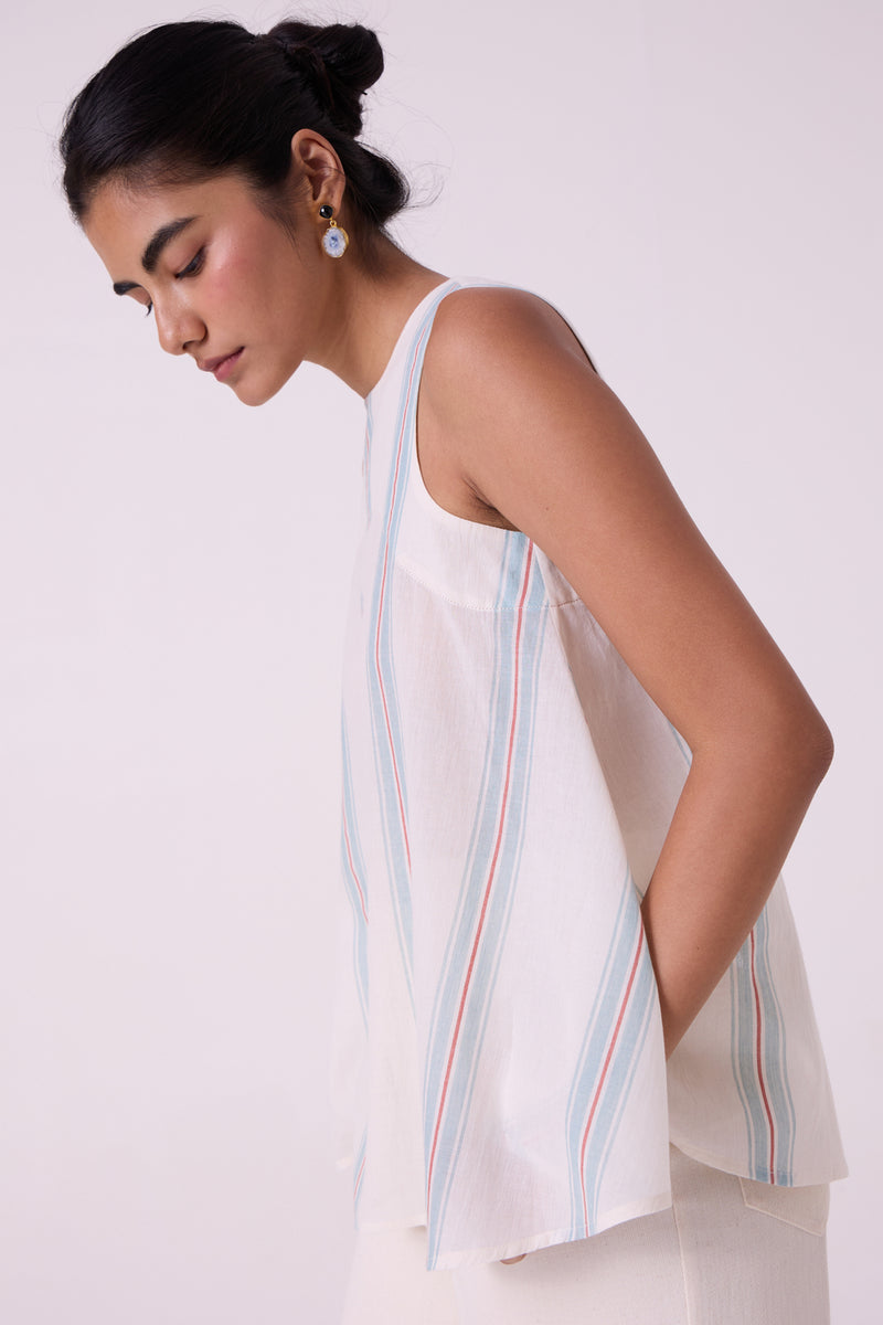 Mizu Striped Handwoven Tent Top handwoven cotton top/shirt by The Summer House in off white for women Worldwide