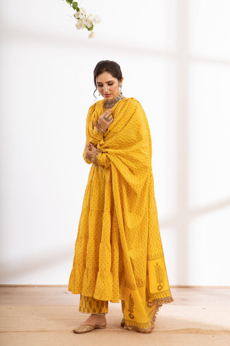 Kalindi Suit Set - yellow hand printed cotton kalidar suit set cotton by Maison Shefali in yellow color for women Worldwide
