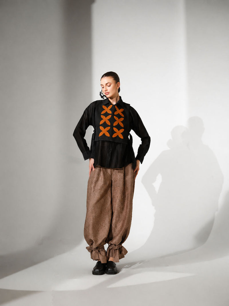 Pebble Shirt-Black + Ochre silk chanderi top/shirt by Stoique in black, ochre for women Worldwide