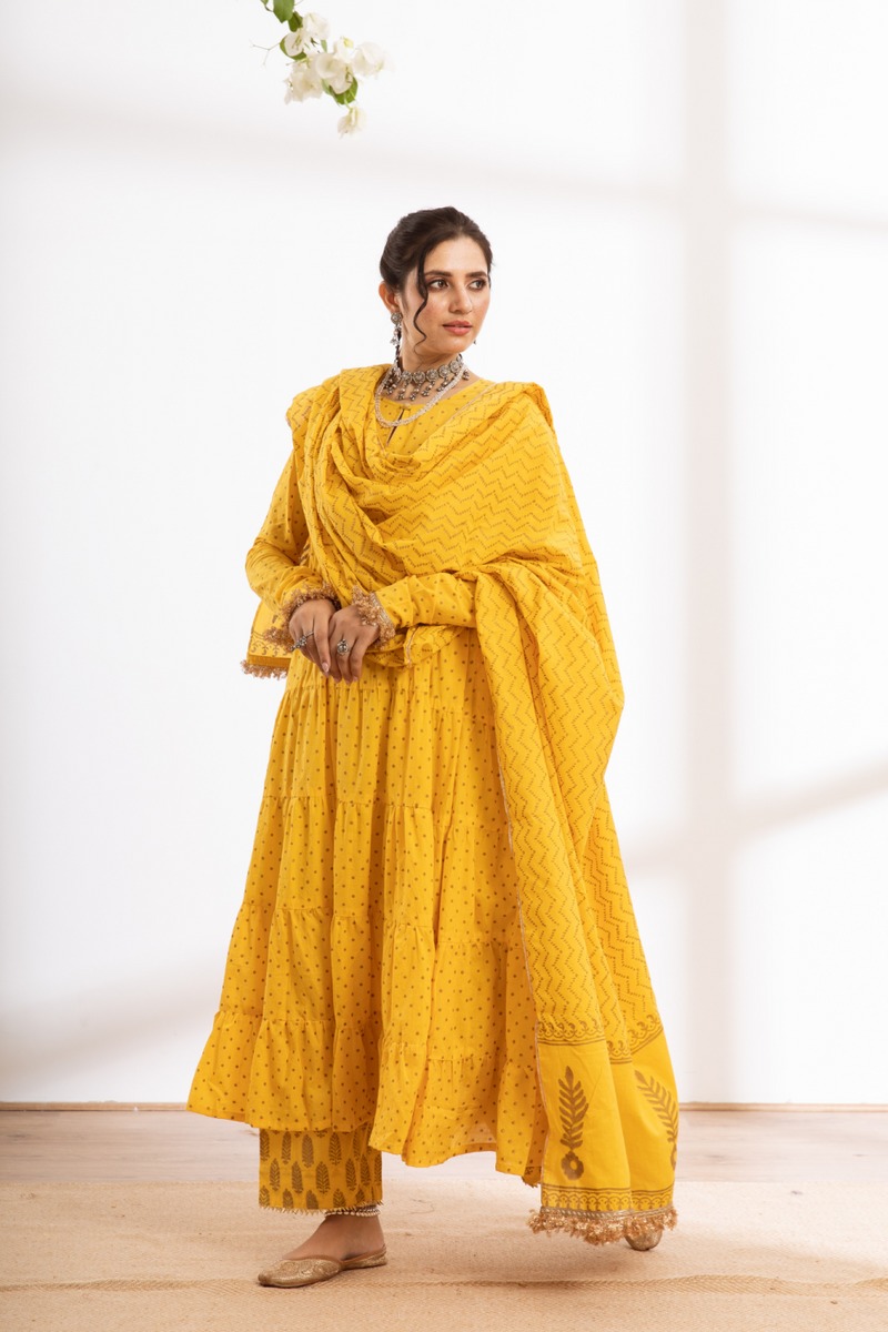 Kalindi Suit Set - yellow hand printed cotton kalidar suit set cotton by Maison Shefali in yellow color for women Worldwide