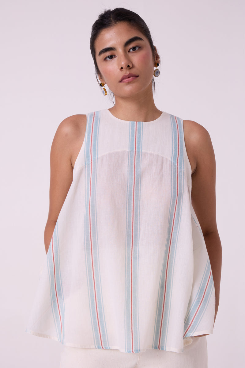 Mizu Striped Handwoven Tent Top handwoven cotton top/shirt by The Summer House in off white for women Worldwide