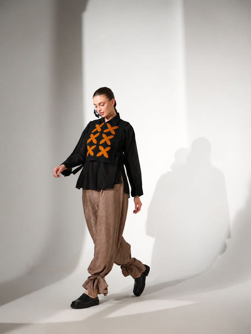 Pebble Shirt-Black + Ochre silk chanderi top/shirt by Stoique in black, ochre for women Worldwide