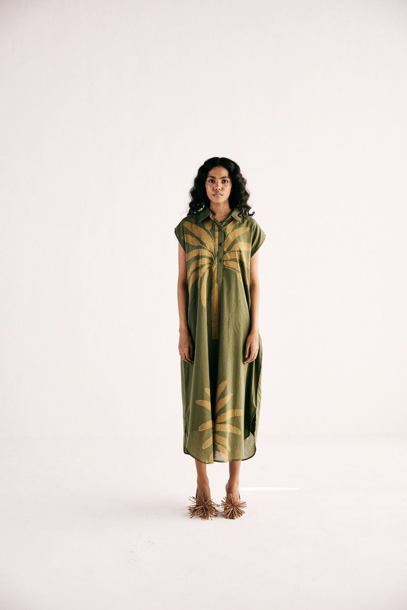 OLIVE PALM SHIRT DRESS cotton by Khara Kapas in green for women Worldwide
