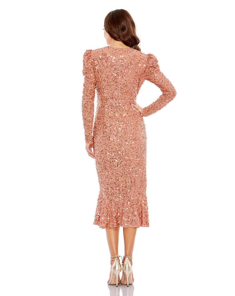 10865-SEQUINED LONG SLEEVE HIGH NECK TRUMPET DRESS by Mac Duggal for women Worldwide