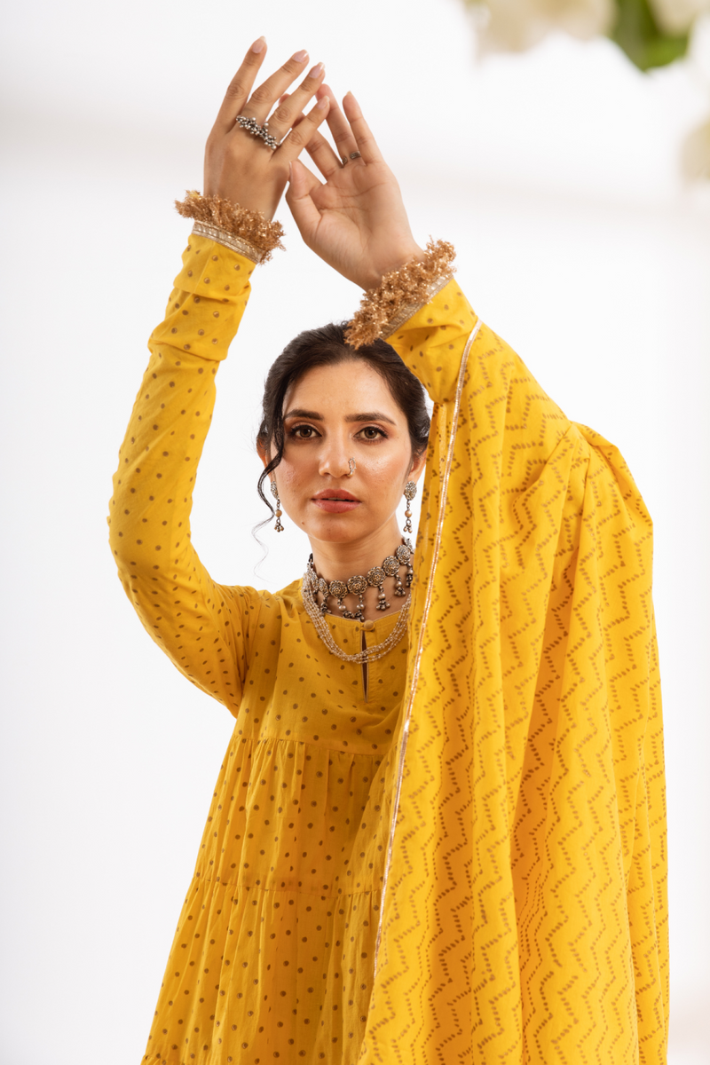 Kalindi Suit Set - yellow hand printed cotton kalidar suit set cotton by Maison Shefali in yellow color for women Worldwide