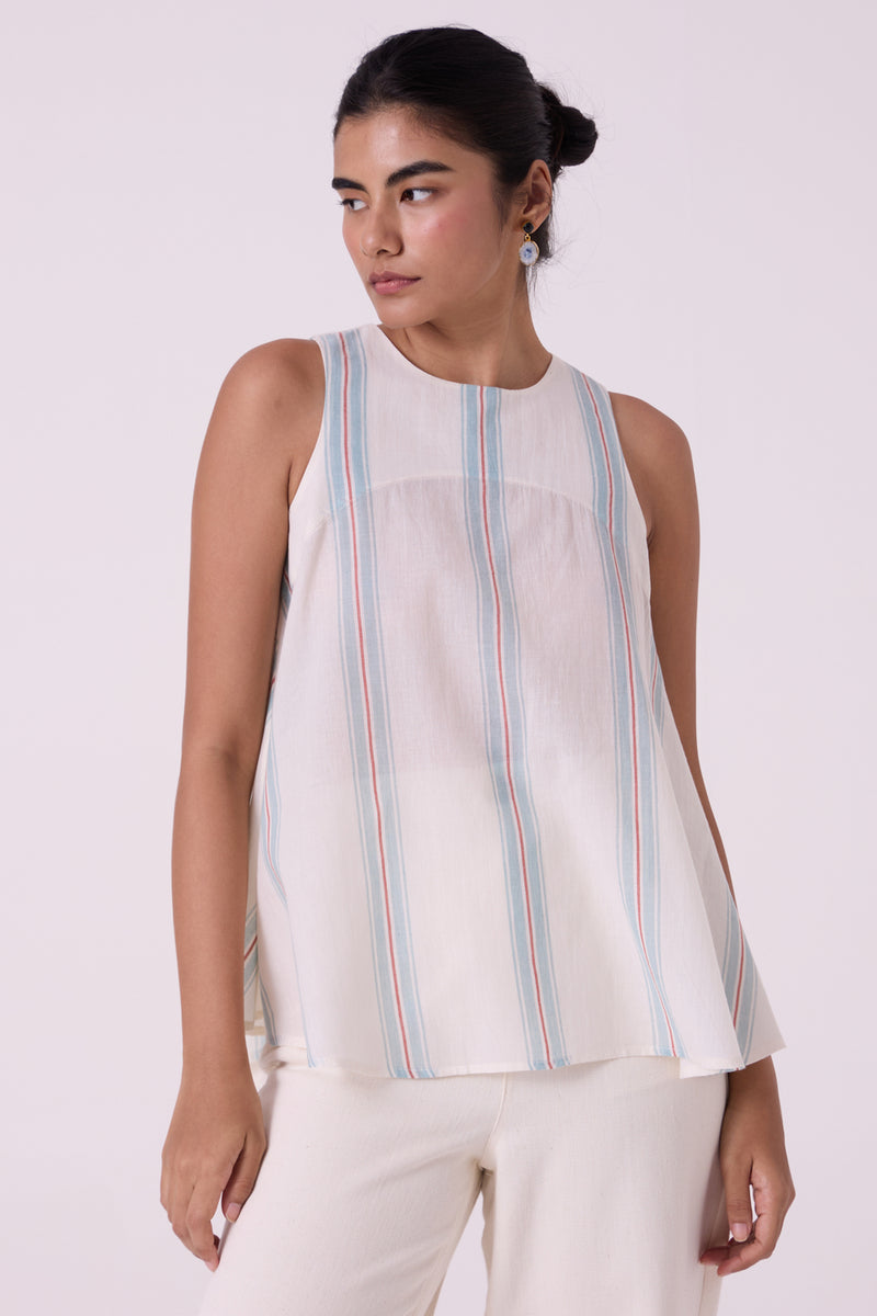 Mizu Striped Handwoven Tent Top handwoven cotton top/shirt by The Summer House in off white for women Worldwide