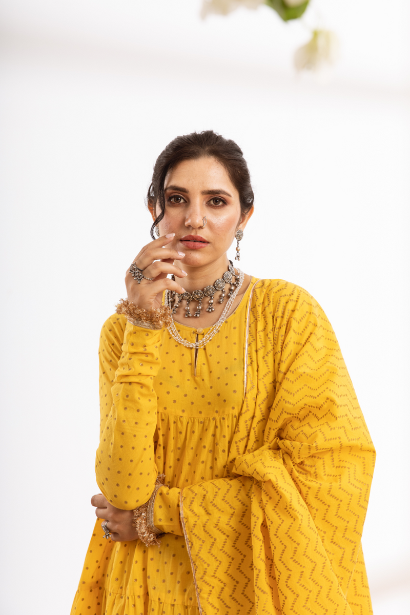Kalindi Suit Set - yellow hand printed cotton kalidar suit set cotton by Maison Shefali in yellow color for women Worldwide