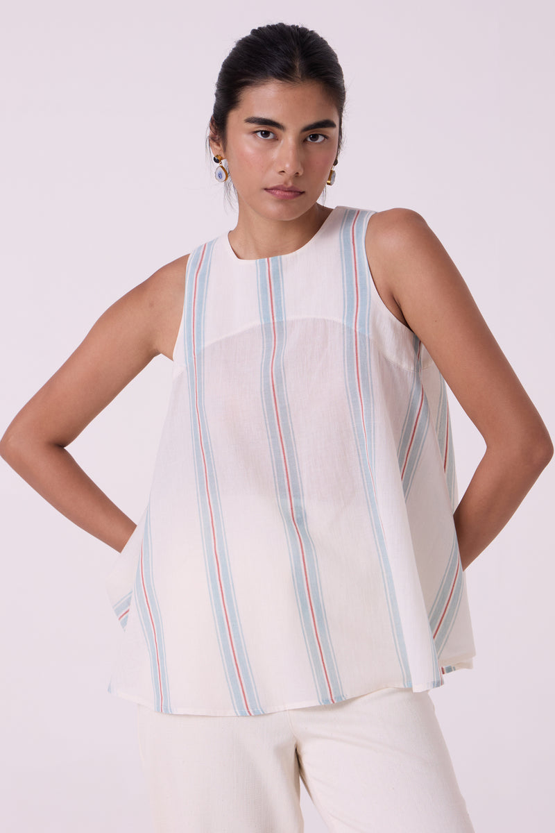 Mizu Striped Handwoven Tent Top handwoven cotton top/shirt by The Summer House in off white for women Worldwide