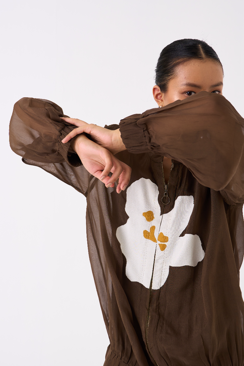 FLORAL APPLIQUE BOMBER JACKET-DARK OLIVE organza by THREE in olive color for women Worldwide