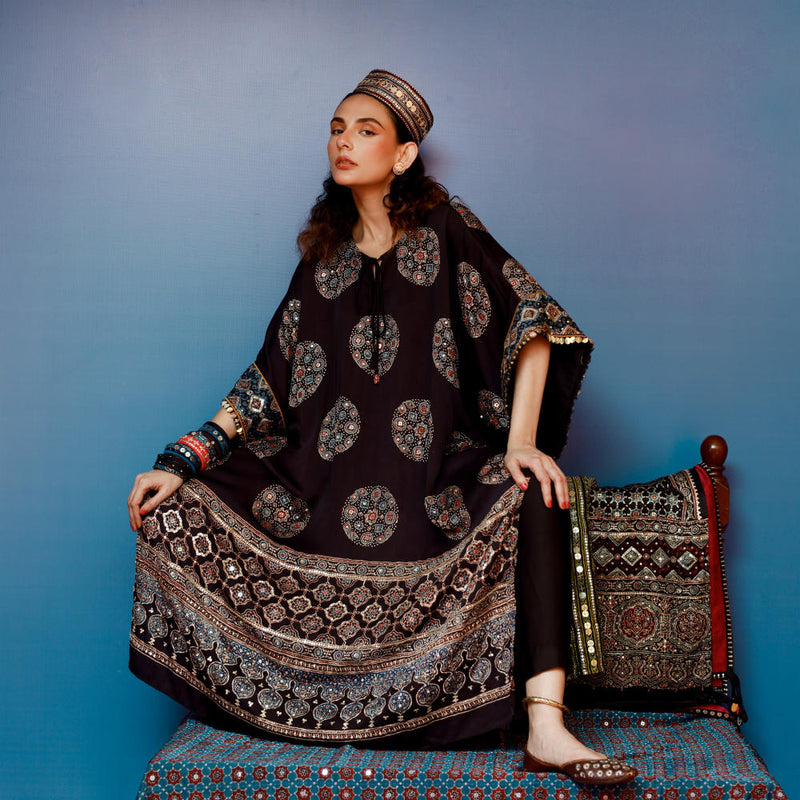 Veere Ajrakh Black Kaftan Set satin by PRAHNAAYA in black color for women Worldwide